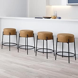 Nathan James Isaac 24" Modern Backless Bar Stool with Round Soft Padded Upholstered Seat and Metal Mid-Century Base, PU Light Brown/Black, Set of 4