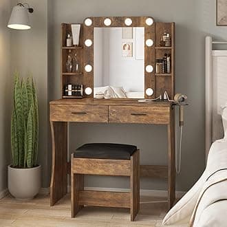 Vanity Desk with Lights,Makeup Vanity with Power Strip,Dressing Table Set with 2 Large Drawers,Vanity Mirror 3 Lighting Color Adjustable,Rustic Brown