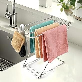 Kitchen Towel Holder Stand, 4-Arm Dish Towel Holder Countertop Towel Drying Rack for Bathroom, Free Standing Hand Towel Stand Washcloth Dish Cloth Drying Rack, Z-Shaped Folding Hanging Towel Bar Stand
