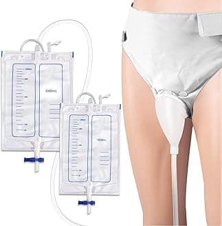 Wearable Urine Collection Set with 2 Drainage Bags (1000ml/2000ml), Reusable Silicone Urine 1.2M Catheter Bag for Elderly Men White