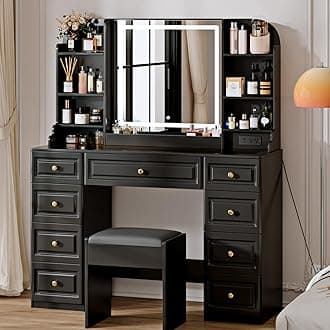 43" Makeup Vanity Desk with Mirror and Lights, & Power Outl, Glass Top Big Vanity Table with 9 Drawers& 8 Storage Shelves, Dressing Table Set with Chair for Bedroom, Black