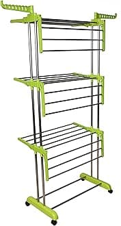 LIVINGBASICS 3 Tier Premium Heavy Duty Stainless Steel Foldable Cloth Drying Stand/Clothes Stand for Drying/Cloth Stand/Clothes Dryer/Laundry Racks for Drying - Indoor/Balcony (Lime Green)