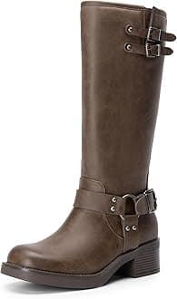 Women's Knee High Boots Combat Boots Goth Boot Lace Up Adjustable Buckles Chunky Low Heel Fall Booties with Side Zipper to Put on and off, Brown-nubuck, 10