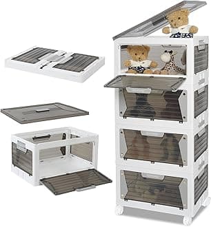 Rainberg Large Storage Boxes with Lids, Strong & Sturdy Plastic Storage Boxes, Stackable Nestable Container for Home & Office use. (White & Grey, 4 Tier 320L Storage)