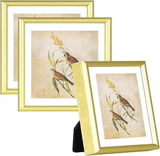 3x3 Picture Frame Set of 3, Gold Aluminum Metal Square Photo Frame with HD Glass, Fits 2x2 with Mat or 3 x 3 without Mat, Display For Tabletop or Wall Collage