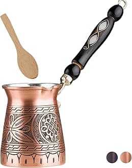 BCS12 Oz Copper Turkish Greek Arabic Coffee Pot with Wooden Handle (4 servings) Cezve Ibrik Briki Stovetop Coffee Maker with Wooden Spoon