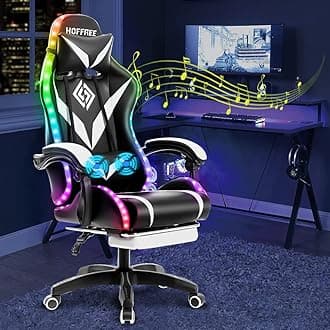 HOFFREE Gaming Chair Massage with Bluetooth Speakers and Led Lights Ergonomic Computer Gaming Chair with Footrest RGB Video Game Chair with High Back Lumbar Support White and Black