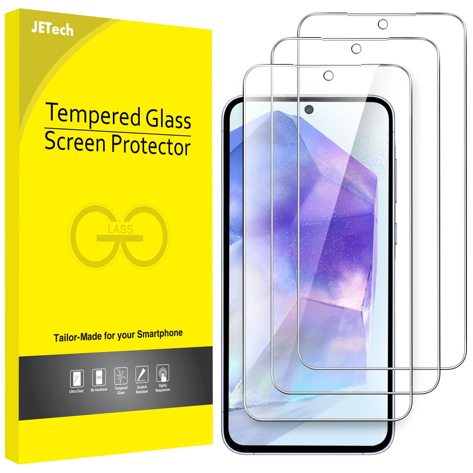 – JETech Screen Protector for Samsung Galaxy A55 5G 6.6-Inch, 9H Tempered Glass Film, Anti-Scratch, HD Clear, 3-Pack
