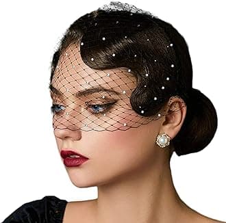 Black Veil for Woman Mesh Veil, 1920s Art Deco Headband with Rhinestones for Girl Fascinator Headpiece, for Bridal Wedding Halloween Funeral Tea Party Church Birthday Accessories