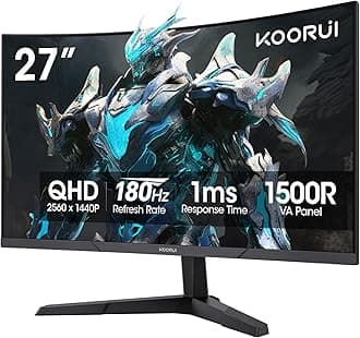 KOORUI 27 Inch Gaming Monitor, Qhd (2560 X 1440) R1500 180Hz Curved Monitor, Adaptivesync with 1ms Computer Monitor, Compatible with Vesa, Hdr10, 1 X Displayport 1.4 & 2 X Hdmi 2.0