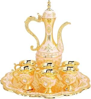 Vintage Turkish Coffee Pot Set, Turkish Tea Set with 6 Coffee Cups, Golden Wine Decanter and Glasses Set, Turkish Copper Coffee Cup Set for Home Tea Party(Pink) Tea