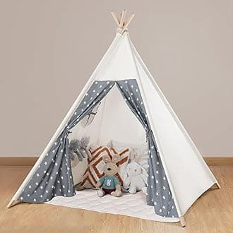 Teepee Tent for Kids Cotton Canvas Play Tent with Mat Slumber Party, Foldable Indoor Tent for Boys & Girls, Gift Set with Star Lights, Banner & Carry Bag, Stars Design
