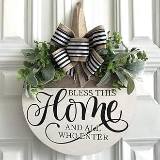 Welcome Sign for Front Door, Rustic Round Wood Wreaths Wall Hanging Outdoor Decor, Porch Fence Decorations Hanging Gift for Home Outdoor for Spring Summer Fall All Seasons Holiday, Bless This Home