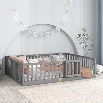 Tatub Queen Floor Bed with Safety Guardrails and Door, Montessori Floor Bed for Kids, Wood Kids Floor Beds Frame, Door Can Install Left and Right, Queen-Grey