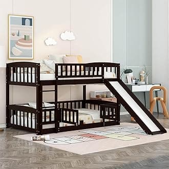 Twin Over Twin Low Bunk Bed with Slide and Fence Railings Wood Floor Bunk Beds with Ladder for Kids Boys Girls Teens, Espresso