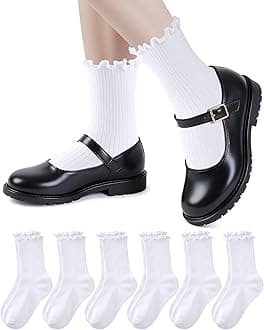 6 Pairs Girls White Ruffle Socks School Uniform Dress Socks for Kids Seamless Crew Ankle Cotton Size 2-14 Years
