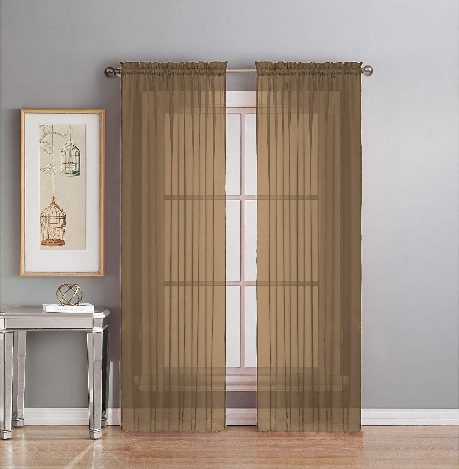 Interior Trends 2 Piece Fully Stitched Sheer Voile Window Panel Curtain Drape Set (84" Long, Taupe)