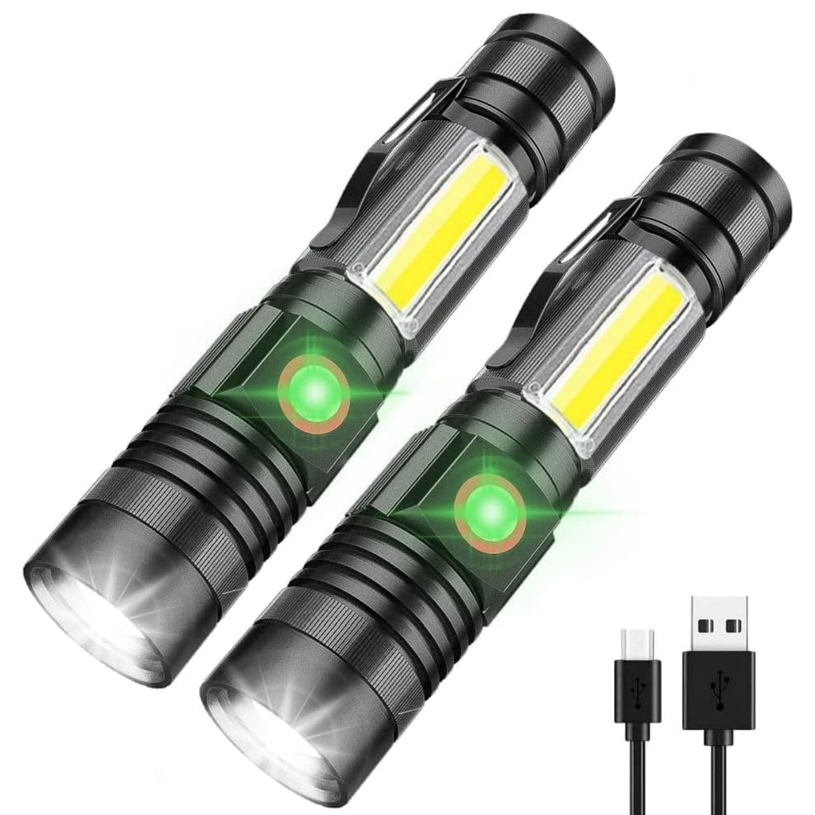 LED Rechargeable, Super Bright Magnetic Flashlight with COB Work Light, Waterproof, 4 Modes, Pocket Tactical Flashlights for Outdoor Camping Emergency 2 Packs