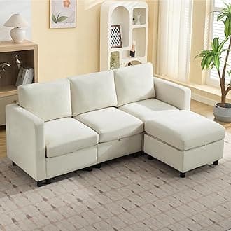 83”L-Shaped Modular Sectional Sofa with Storage & Movable Ottoman, Convertible 4-Seat Reversible Chaise Chenille Couch for Living Room, Soft Beige Fabric, Modern Design