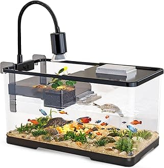(Tank + Light + Filter + Filter Balls) Turtle Tank Kit, Turtle Tank Starter Kit,Bottom Drainage, Multi-Function Areas for Turtles, Crabs,Fishes, Amphibians,Reptiles. (15.75 x 8.64 x 8.64 Inch) New