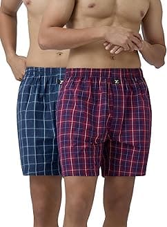 Men's Super Combed Cotton Checkmate Boxer Shorts Elasticated Waist, Drawstring | Loungewear for Men Pack of 2 (L; Blue Checks + Orange & Blue Checks)