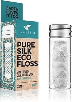 Biodegradable Dental Floss With a Refillable Glass Holder Naturally Waxed With Candelilla Wax 100% Compostable 33yds/30m Natural Silk Spool Eco-Friendly Zero Waste Oral Care Mint Flavoured