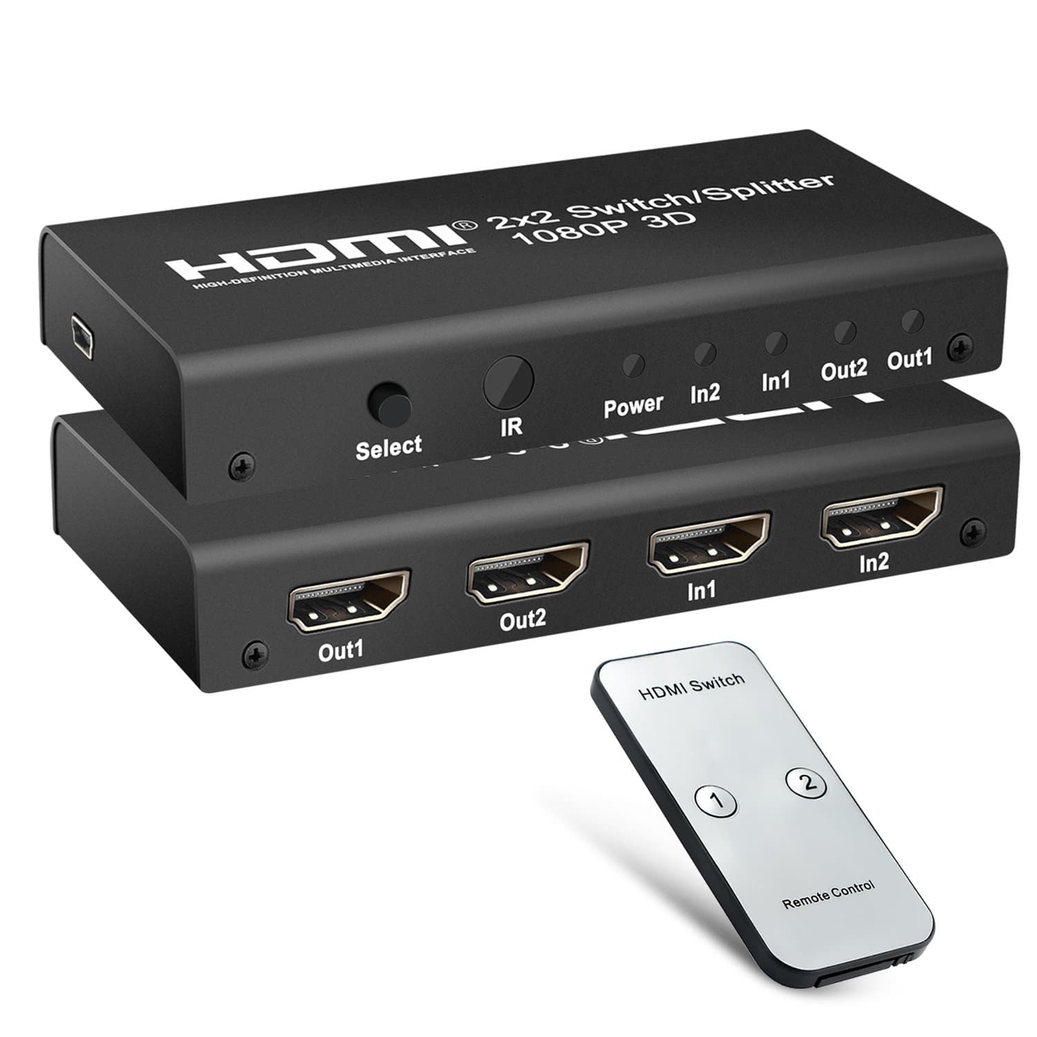 2 x 2 HDMI Splitter/Switcher, 2 In 2 Out Hdmi Switch Box with IR Remote and USB Power Supply [ Support 3D Full HD 1080p HDCP 1.3] for Apple TV Computer PS3/PS4 Macbook Blue-ray player