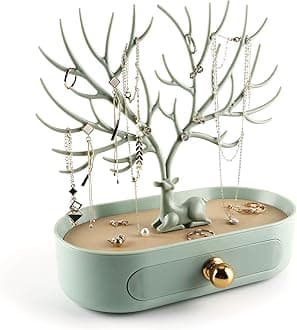 MORE&LESS Jewelry Display Stand with Aluminium alloy handle, Tree Tower Rack Hanging Organizer for Ring Earrings Necklace Bracelet, Deer Horn Tree Stand with Storage Drawer and Tray