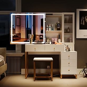 Extra Large Makeup Vanity Table with Sliding Lighted Mirror, Charging Station & Cushioned Stool, 5 Drawers Hidden Storage Modern Vanity Set with Nightstand for Bedroom