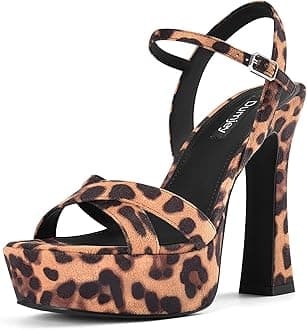 Women High Heel Platform Sandals with Ankle Strap Open Toe Spool Chunky Heels Prom Party Dress with Buckle, Leopard-suede, 6