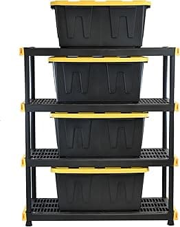 CX Black & Yellow, Shelving Unit and Heavy Duty Storage Containers, Extremely Durable (Shelf + 27 Gallon Container (4-Pack))