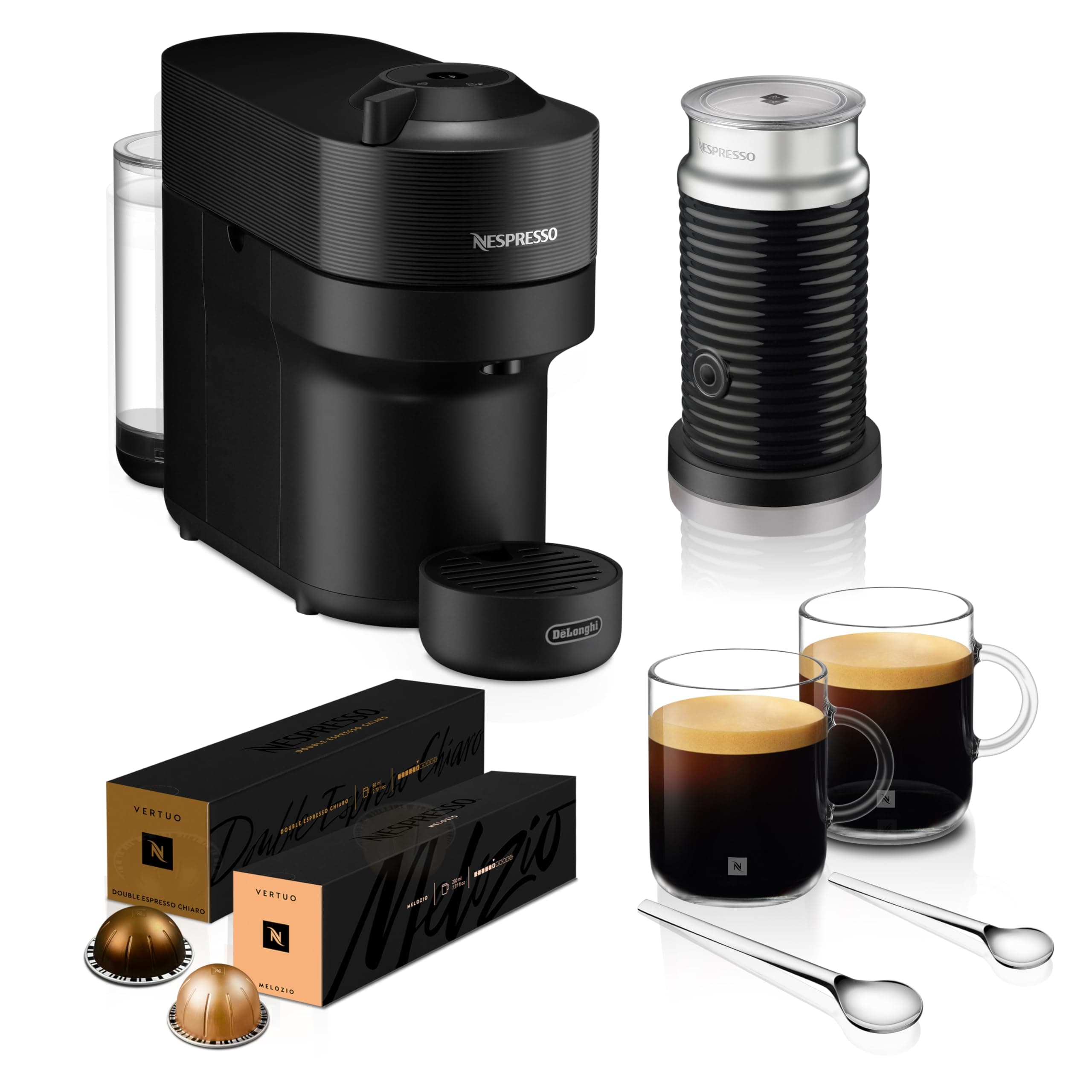 Vertuo Pop Barista Coffee Machine Bundle by De'Longhi, Compact Footprint, Starter Kit Includes Coffee Capsules, Mugs, Milk Frother And Spoons, ENV90.B+Caps