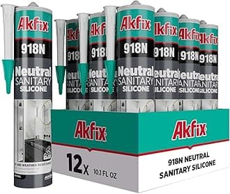 Akfix 918N White 100% Silicone Caulk for Kitchen and Bathroom (12x10.5 fl.oz.) - Solvent-Free, Low Odor, UV & Water Resistant, Fast Curing, Paintable, High Elasticity Silicone Sealant | White, 12 Pack