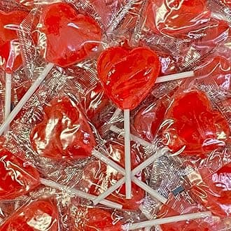 30 Heart Shaped Lollipops Cherry Flavoured Sweet Candy Lollies, Ideal for Snack Cupboard, Weddings, Valentines, Party Bag fillers
