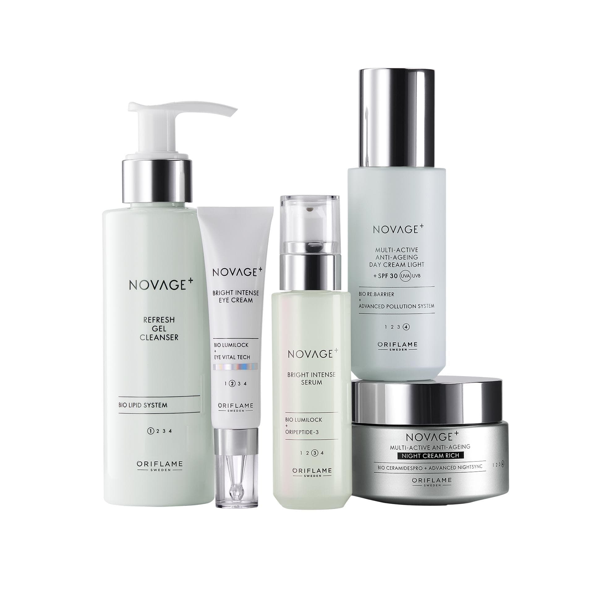 NOVAGE+ BRIGHT INTENSE ROUTINE MIXED set , 5-Piece Complete Kit with Cleanser, Day Cream Light SPF 30, Night Cream Rich, Eye Cream and Serum