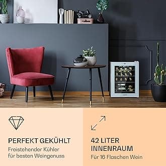 Klarstein Shiraz Wine Fridge Freestanding Small Beverage Fridge for Wine, Prosecco & Beer, 1 Zone Wine Fridge with Glass Door and Touch Control Panel, Small Refrigerator, 5-18°C, 16 Bottles