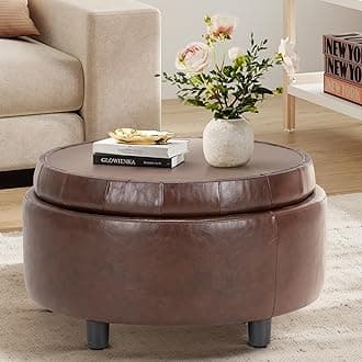 COLAMY Round Leather Storage Ottoman with Reversible Tray Lid – Multi-Functional Footrest, Hidden Storage, Sturdy & Stylish Small Coffee Table for Living Room, Bedroom, or Entryway(Brown)
