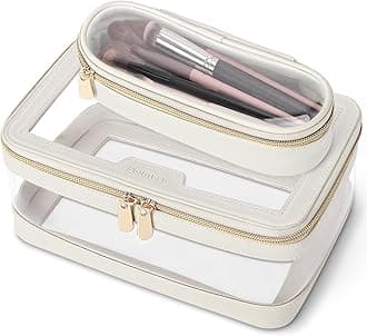 Soimeat Travel Clear Makeup Bag with Makeup Brush Bag, Leather Make up Case Toiletry Bag, Portable Cosmetic Bag Case, Transparent Waterproof Cosmetic Organizer Storage Bag for Women, Off-White