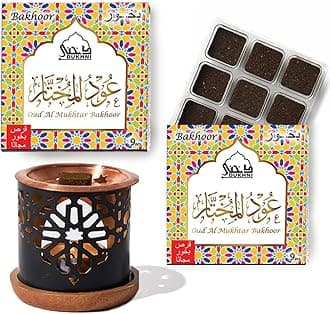 Oud Al Mukhtar Bakhoor Set عود بخور و مبخرشمعدان by Dukhni | 2 x 9 Piece Each & Oriental Bakhoor Burner | Arabic Bakhoor Incense | Floral Woody Oud Blend | Perfect for Prayer Time