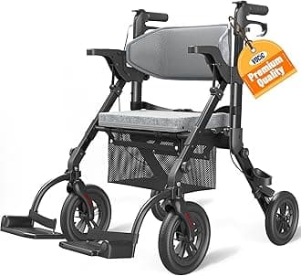 Rollator-Walkers-for-Seniors-with-Seat, Walker Wheelchair Combo, Transport-Wheelchair-Lightweight-Foldable, Adult Walkers All Terrain, 2 in 1 Rolling Walker Chair with Brakes & Pouch-2024 New