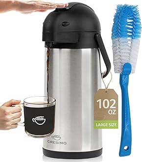 Coffee Carafe Airpot & Cleaning Brush - 101oz / 3L Airpot 12 Hours Hot Water Dispenser or 36 Hours Cold Drink Dispenser with Pump - Easy Dispensing Coffee Carafes for Keeping Hot Extra Large - Cresimo
