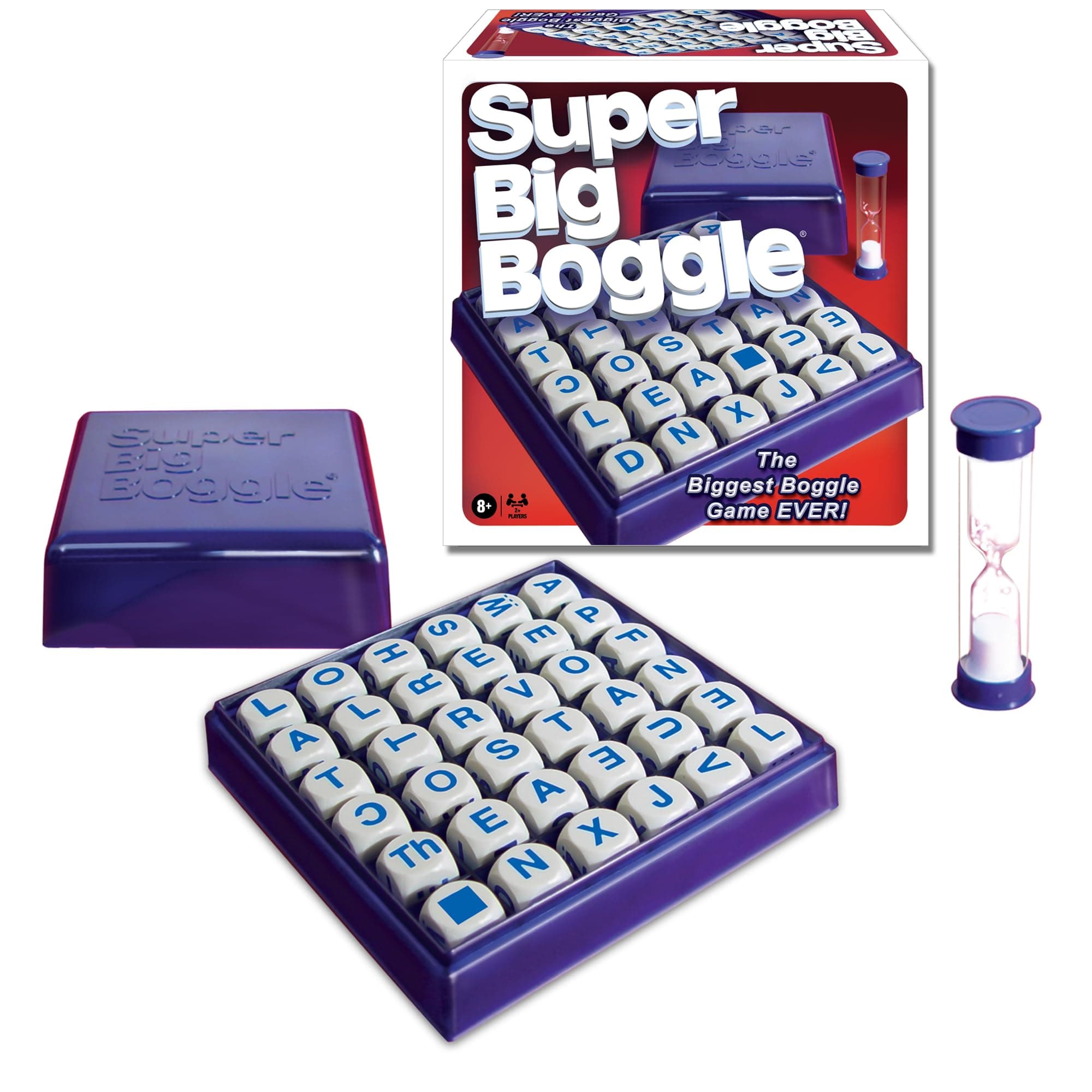 Winning Moves Super Big Boggle with 6x6 Grid and 36 Letter Cubes Games USA, The Biggest Boggle Game Ever, 4 Minute Sand Timer, for 2 or More Players, Ages 8+ (1165)