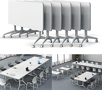 Folding Conference Table Modern Large Mobile Meeting Table Rolling Conference Room Tables with Wheels Seminar Tables for Office Training Classroom (6, White, 63" D X 19.7" W X 29.5" H)