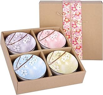 VanEnjoy Set of 4 Japanese Style Ceramic Rice Bowl with Gift Box,Assorted Phum Colors Flowers Pattern Bowls Set,Underglazed Dinnerware,For Dessert Snack Cereal Soup