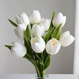 10Pcs Fake White Tulips Artificial Flowers Bouquet, Realistic Faux Tulip Stems That Look Real,Tulipanes Artificiales para Decoracion for Vase,Home Table Decor, Wedding