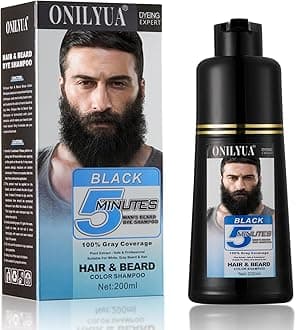Black Mens Hair, Beard & Mustache Dye Shampoo for Men, 100% gray shades coverage in 5 min.
