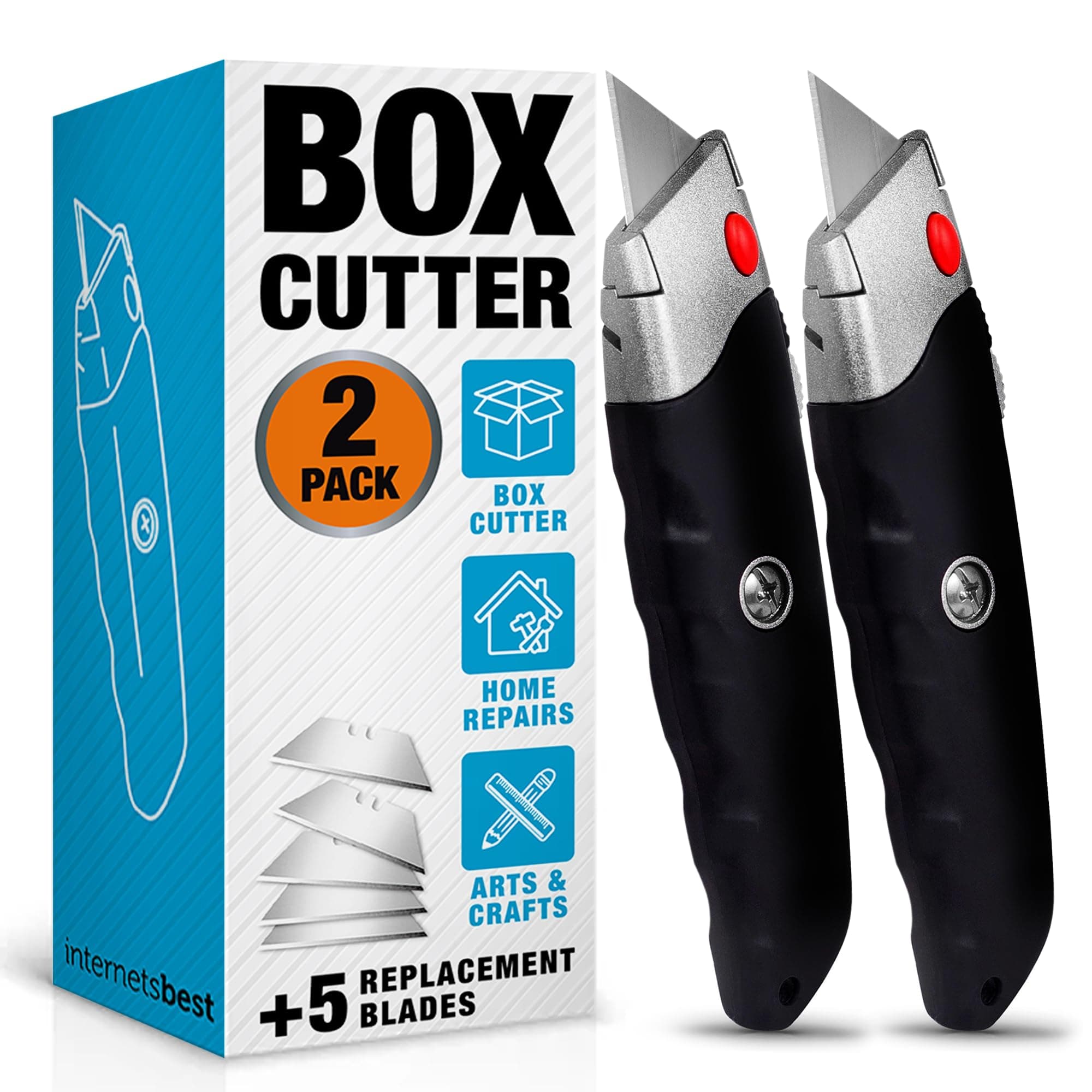 - Premium Utility Knife Set | Retractable Box Cutter with Rubber Handle | Heavy-Duty Cutting for Cardboard, Carpet, Plastic | Retractable Blade | Includes 2 Razor Knives & Extra Blades