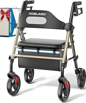 HOMLAND Foldable Rollator Walkers with Seat for Seniors, 8'' Big Wheels, 350 lb. Weight Capacity, Adjustable Handles and Seat Height, Lightweight Rolling Walker, Gold