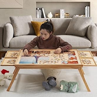1500 Piece Folding Puzzle Board with Drawers & Cover + 10 Glue Sheet & 4 Hangers- 34.2" X 26" Large Portable Puzzle Table with Legs, Wooden Smooth Work Surface Table for Adults & Children