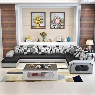 Ripple FURNITURE U Shape 9 Seater Modern Interchangeable Fabric Sofa Set with 4 Puffy (Right, Black & Grey)